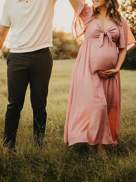 Bow Flutter Sleeve Solid V-neck Flowy Vacation Beach Cute Baby Shower Photoshoot Maternity Maxi Dress