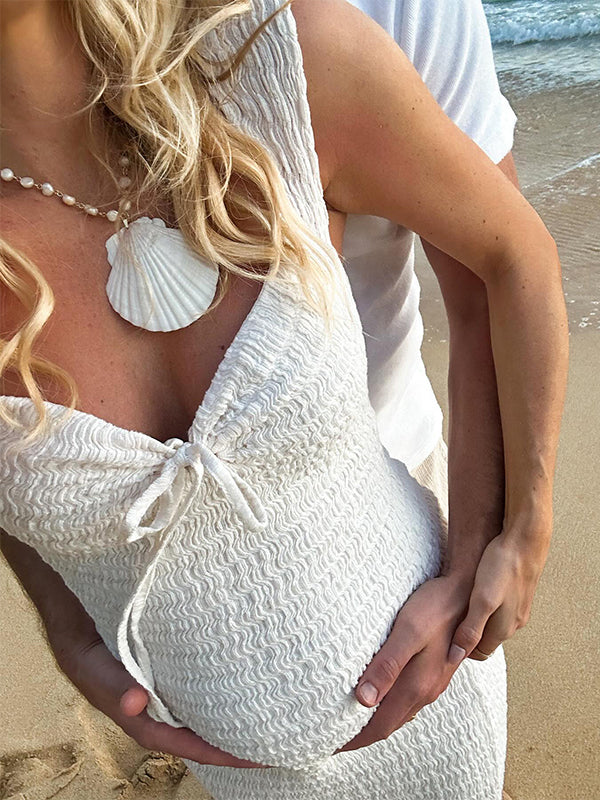 Smocked Bow Tie Side Slit Elegant Bodycon Vacation Beach Photoshoot Cute Baby Shower Maternity Maxi Dress