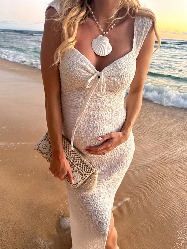 Smocked Bow Tie Side Slit Elegant Bodycon Vacation Beach Photoshoot Cute Baby Shower Maternity Maxi Dress