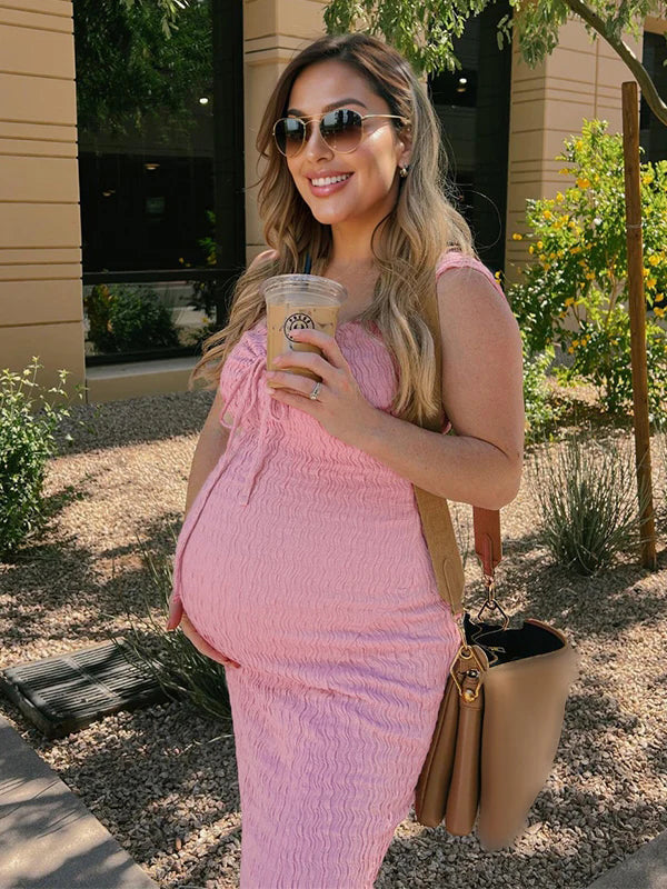 Smocked Bow Tie Side Slit Elegant Bodycon Vacation Beach Photoshoot Cute Baby Shower Maternity Maxi Dress