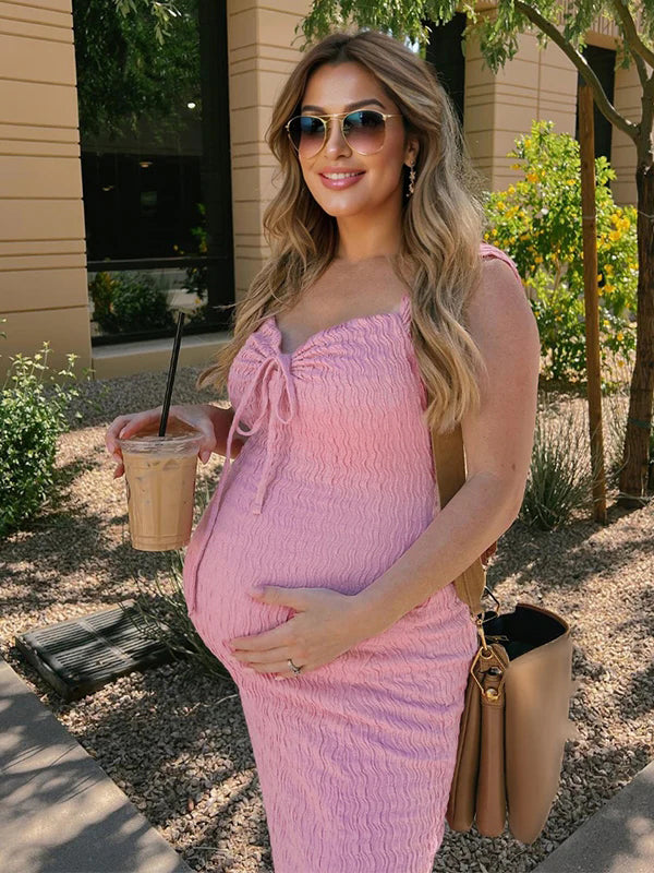 Smocked Bow Tie Side Slit Elegant Bodycon Vacation Beach Photoshoot Cute Baby Shower Maternity Maxi Dress