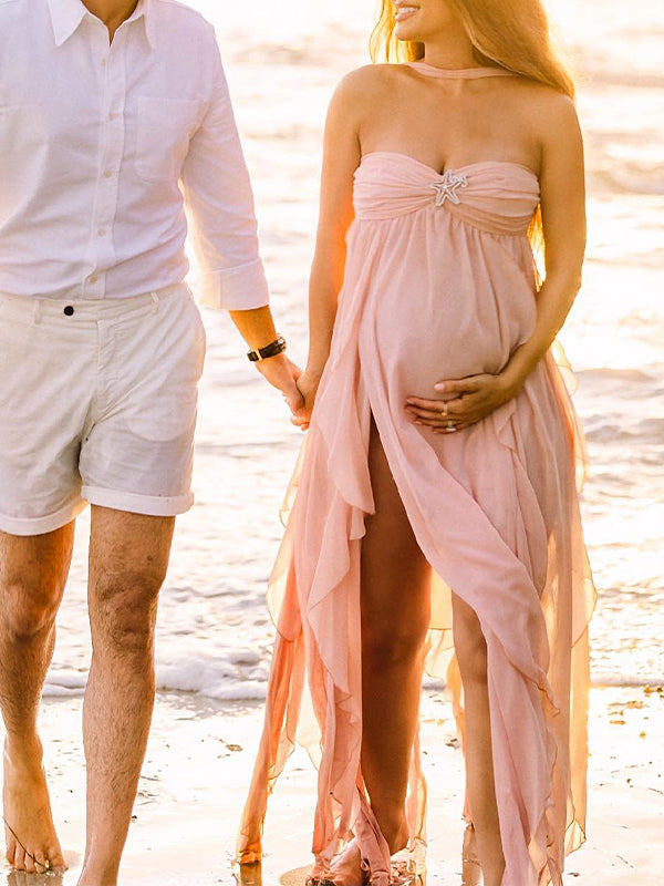 Pink Irregular Ruffle Halter Neck Backless Flowy Elegant Vacation Beach Photoshoot Gender Reveal Girl Baby Shower Maternity Maxi Dress