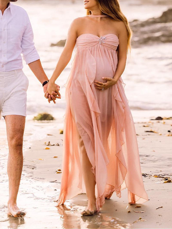 Pink Irregular Ruffle Halter Neck Backless Flowy Elegant Vacation Beach Photoshoot Gender Reveal Girl Baby Shower Maternity Maxi Dress