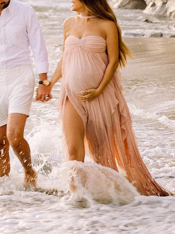 Pink Irregular Ruffle Halter Neck Backless Flowy Elegant Vacation Beach Photoshoot Gender Reveal Girl Baby Shower Maternity Maxi Dress