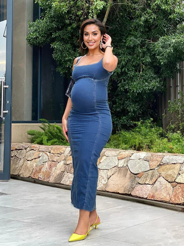 Denim Back Zipper Bodycon Fashion Daily Party Baby Shower Maternity Maxi Dress