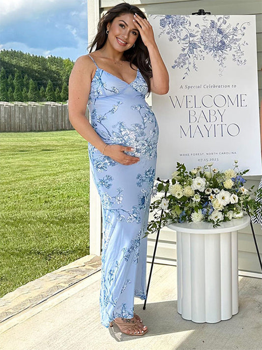 Blue Flowers Spaghetti Strap Bodycon Fashion Vacation Cute Baby Shower Maternity Maxi Dress