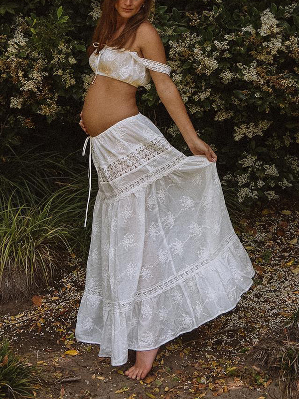 White 2-in-1 Lace Cut Out Off Shoulder Tie Elegant Flowy Vacation Photoshoot Maternity Maxi Dress