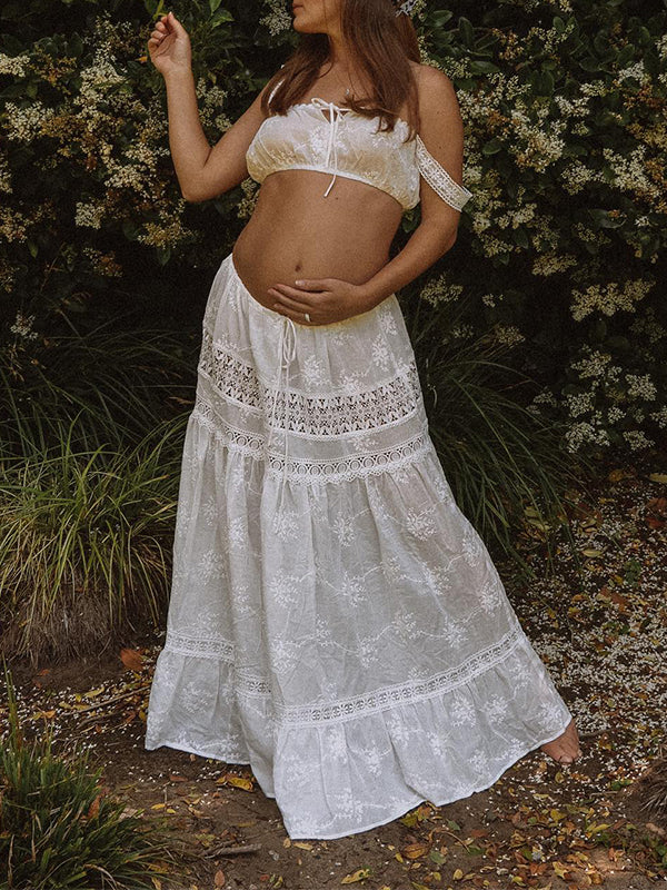 White 2-in-1 Lace Cut Out Off Shoulder Tie Elegant Flowy Vacation Photoshoot Maternity Maxi Dress