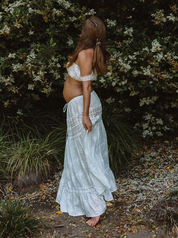 White 2-in-1 Lace Cut Out Off Shoulder Tie Elegant Flowy Vacation Photoshoot Maternity Maxi Dress