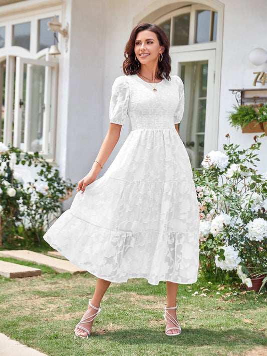 Lace Smocked Flowers Puff Sleeve Flowy Big Swing Elegant Photoshoot Cute Baby Shower Maternity Maxi Dress