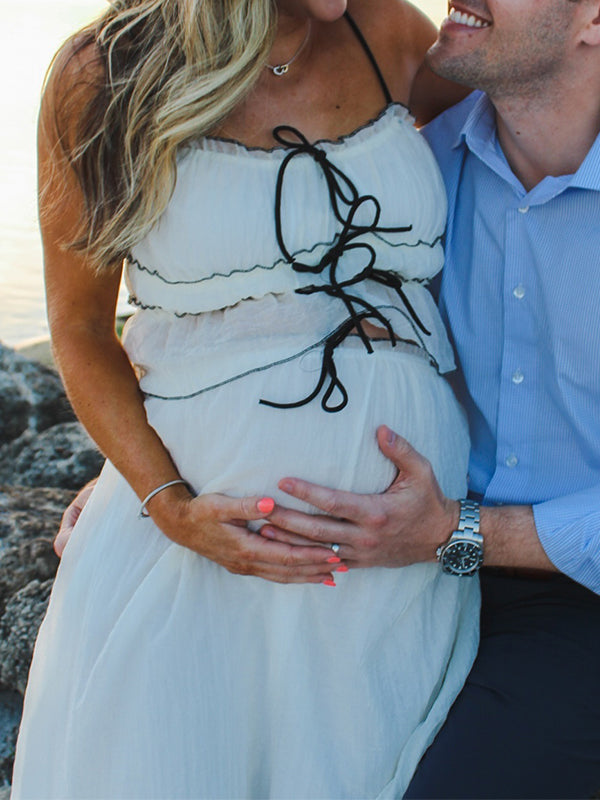 White 2-in-1 Cake Ruffle Tie Cute Elegant Flowy Vacation Baby Shower Photoshoot Maternity Maxi Dress