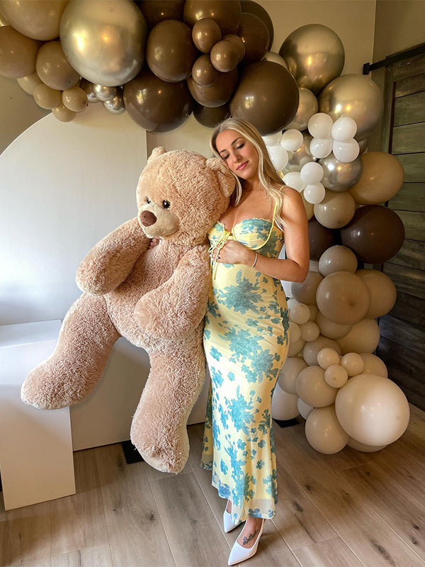 Light Yellow Mermaid Cami Flowers Lace Tie Sweetheart Neckline Bodycon Cute Baby Shower Maternity Maxi Dress