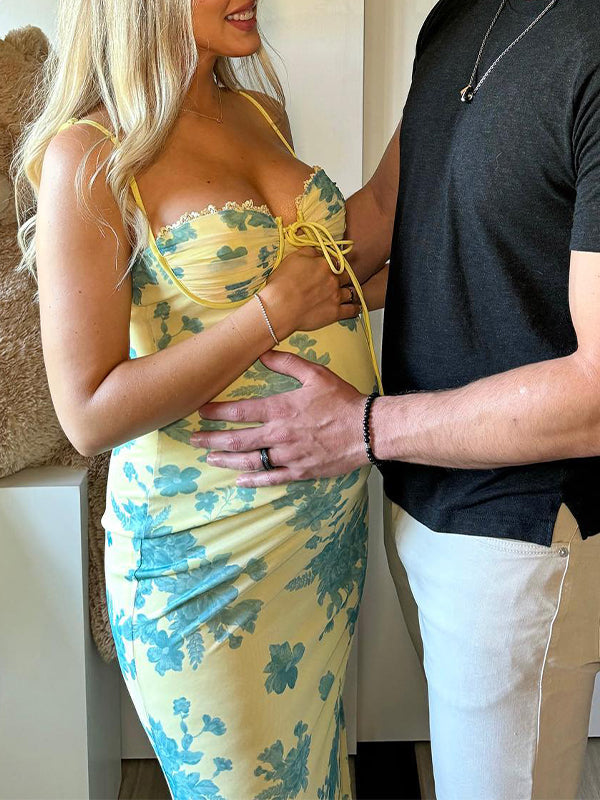 Light Yellow Mermaid Cami Flowers Lace Tie Sweetheart Neckline Bodycon Cute Baby Shower Maternity Maxi Dress