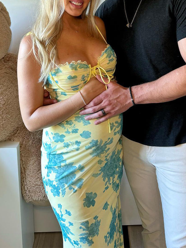 Light Yellow Mermaid Cami Flowers Lace Tie Sweetheart Neckline Bodycon Cute Baby Shower Maternity Maxi Dress