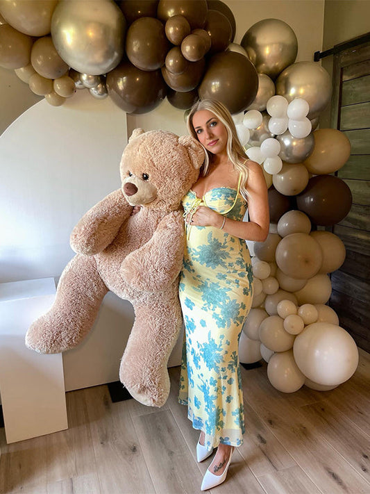 Light Yellow Mermaid Cami Flowers Lace Tie Sweetheart Neckline Bodycon Cute Baby Shower Maternity Maxi Dress