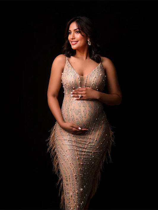 Beige Sparkly Diamond Rhinestone Mesh Tassel Sheer Bodycon Elegant Photoshoot Maternity Midi Dress