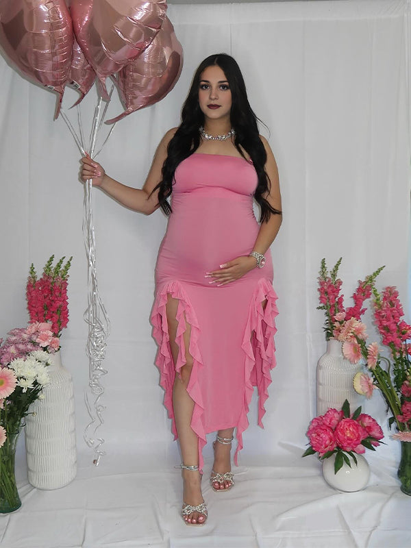 Rose Carmine Ruffle Slit Bodycon Fashion Party Photoshoot Babyshower Maternity Midi Dress