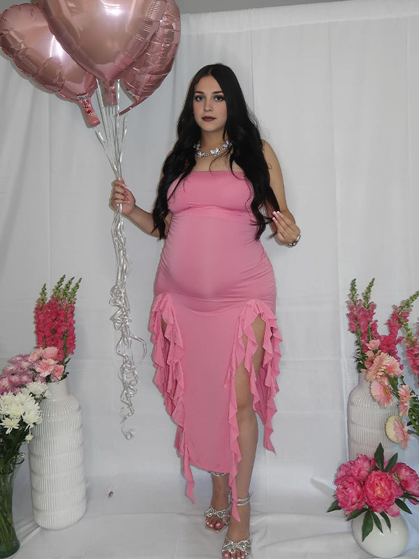 Rose Carmine Ruffle Slit Bodycon Fashion Party Photoshoot Babyshower Maternity Midi Dress
