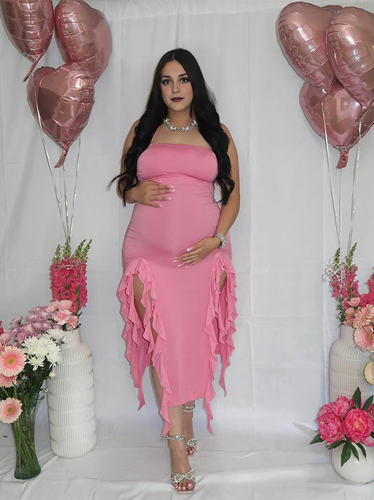 Rose Carmine Ruffle Slit Bodycon Fashion Party Photoshoot Babyshower Maternity Midi Dress
