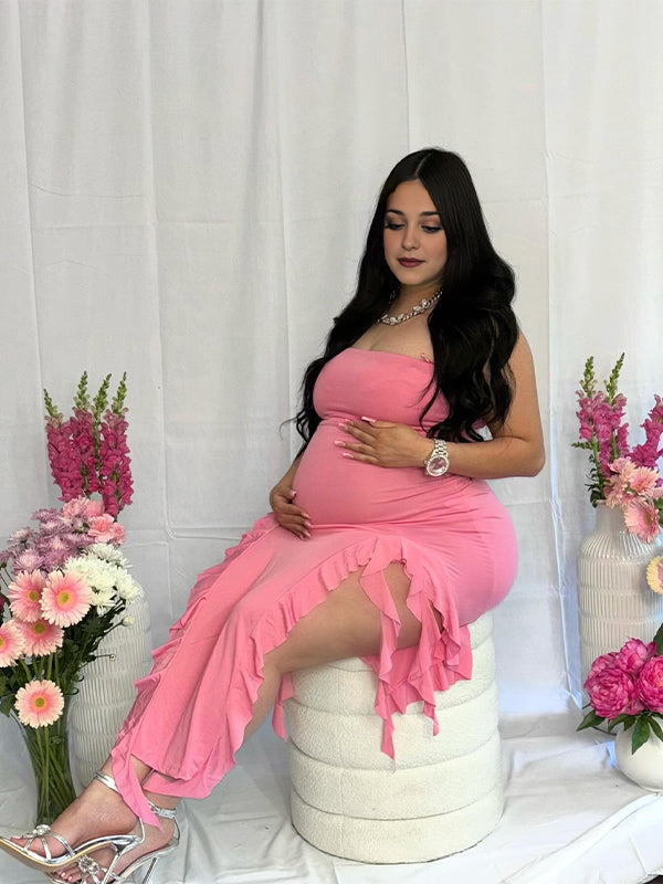 Rose Carmine Ruffle Slit Bodycon Fashion Party Photoshoot Babyshower Maternity Midi Dress