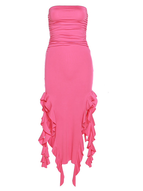 Rose Carmine Ruffle Slit Bodycon Fashion Party Photoshoot Babyshower Maternity Midi Dress
