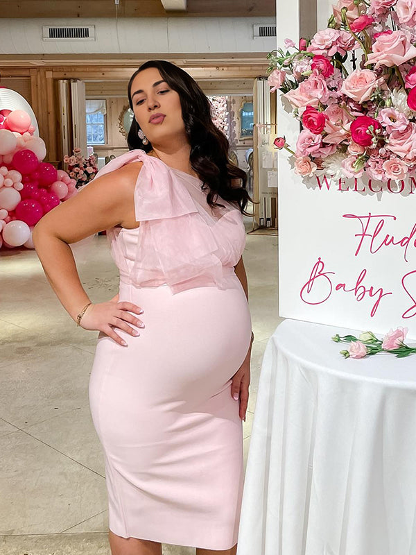 Tulle Bow One Shoulder Back Slit Zipper Bodycon Elegant Cocktail Party Gown Maternity Photoshoot Baby Shower Midi Dress