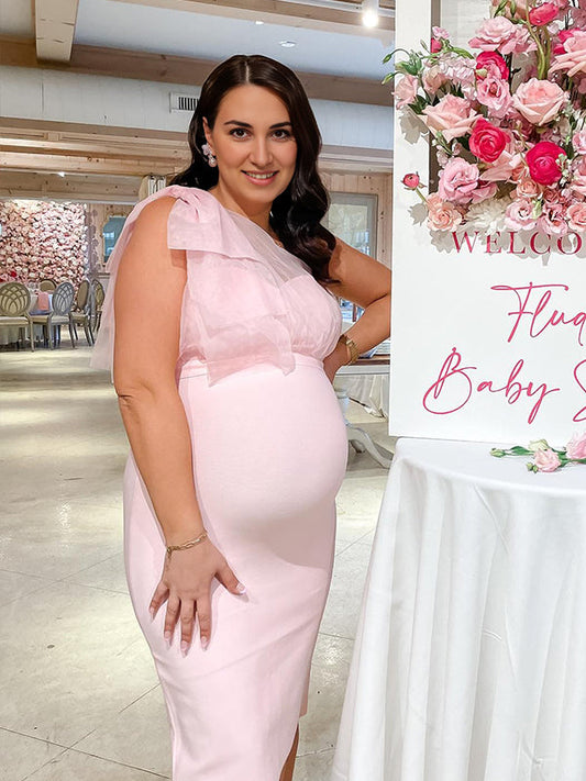 Tulle Bow One Shoulder Back Slit Zipper Bodycon Elegant Cocktail Party Gown Maternity Photoshoot Baby Shower Midi Dress