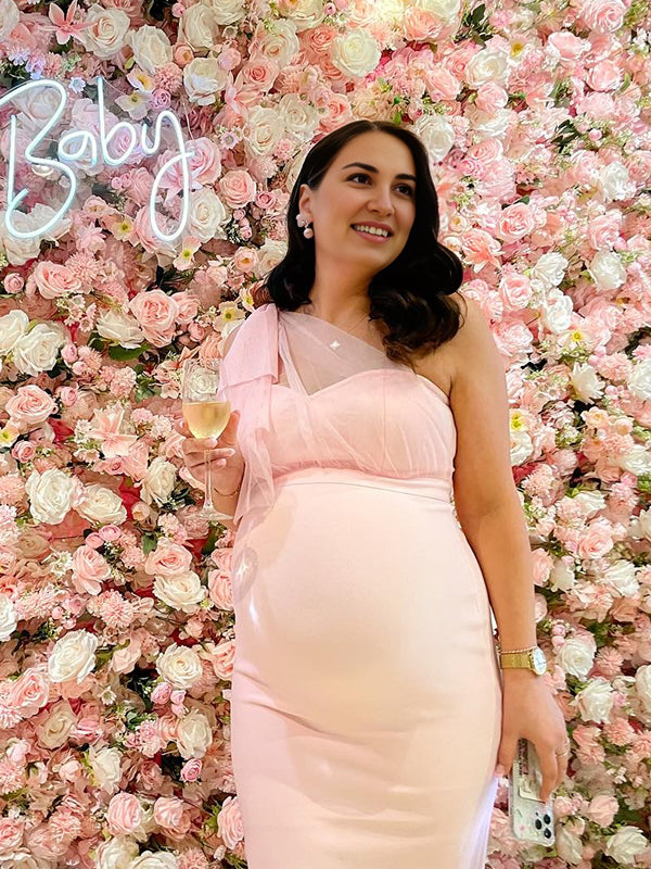 Tulle Bow One Shoulder Back Slit Zipper Bodycon Elegant Cocktail Party Gown Maternity Photoshoot Baby Shower Midi Dress