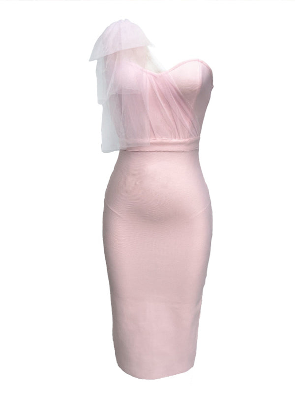 Tulle Bow One Shoulder Back Slit Zipper Bodycon Elegant Cocktail Party Gown Maternity Photoshoot Baby Shower Midi Dress
