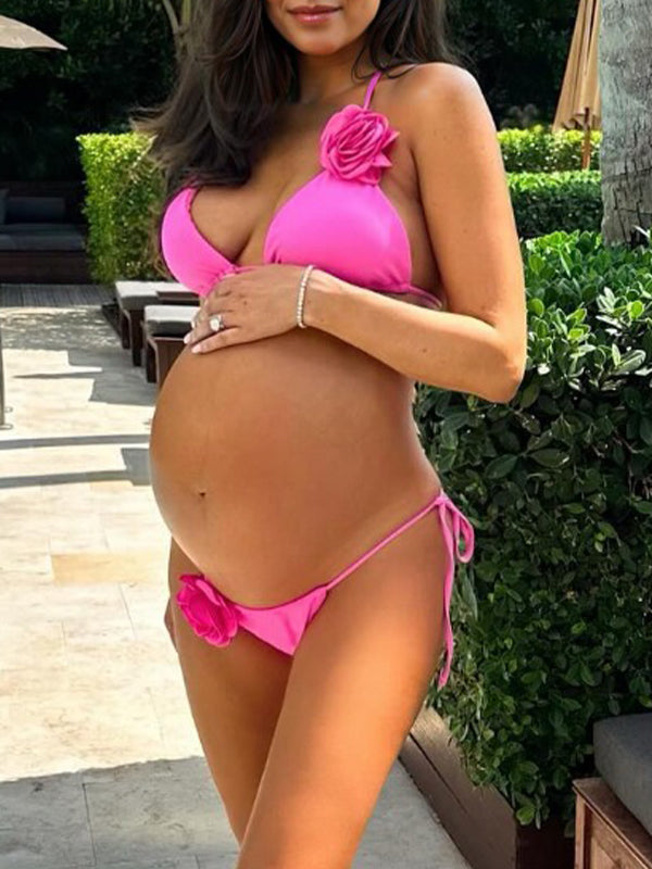 Rose Carmine 3D Flower Bikini Set Two Piece Beach Vacation Fashion Maternity Swimsuit Swimwear