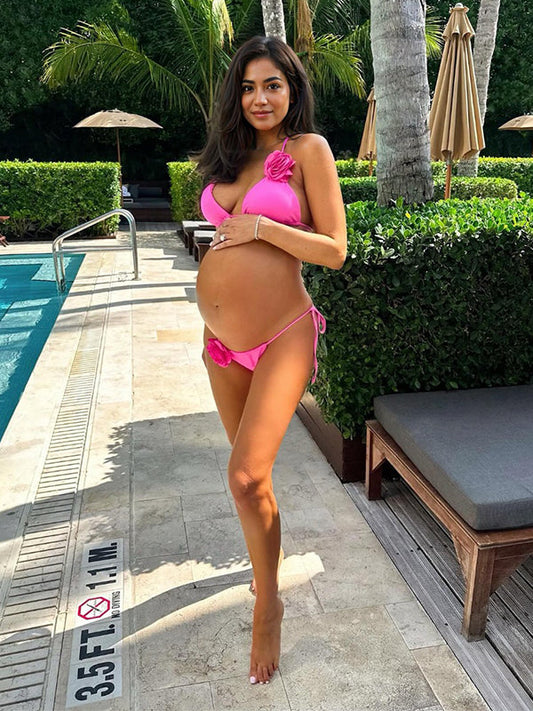 Rose Carmine 3D Flower Bikini Set Two Piece Beach Vacation Fashion Maternity Swimsuit Swimwear