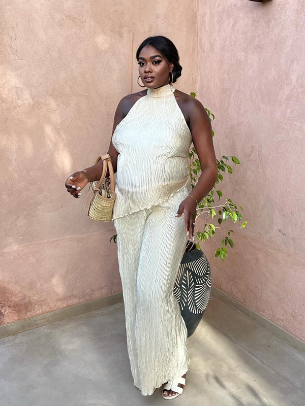 Apricot Pleated Irregular Backless Halter Neck Wide Leg Chic Going Out Maternity Vacation Jumpsuit