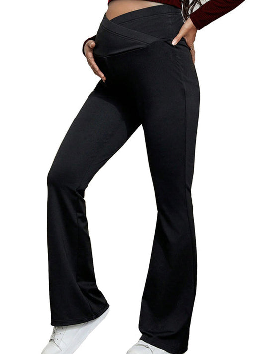 Black Over The Belly Flare Bell Bottom High Waisted Work Cozy Pants Casual Maternity Trousers
