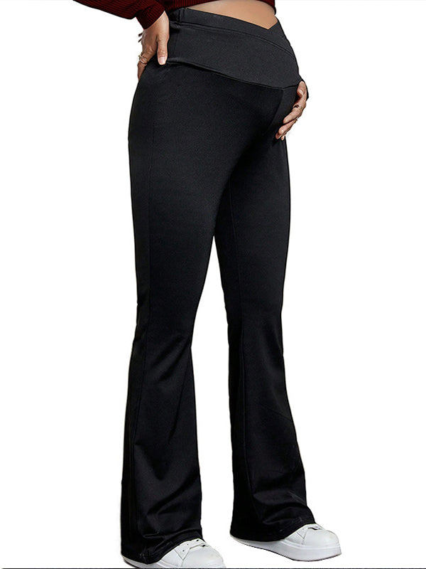 Black Over The Belly Flare Bell Bottom High Waisted Work Cozy Pants Casual Maternity Trousers