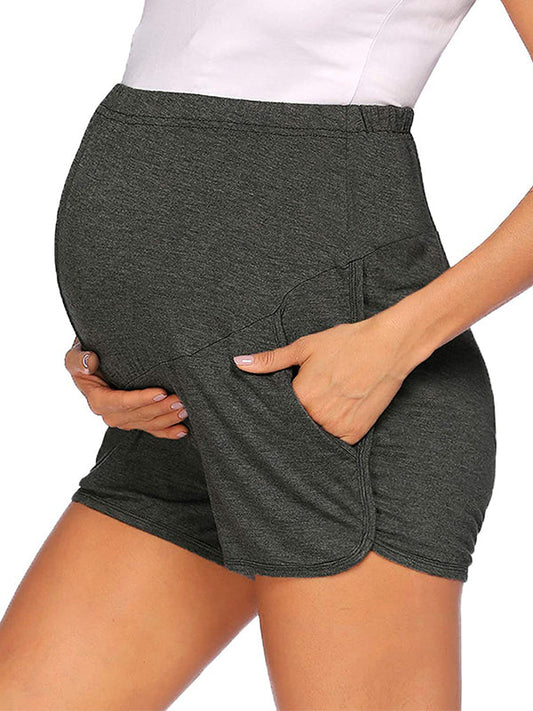 Solid Color Over The Belly Side Slits Pockets High Waisted Workout Cozy Pants Casual Maternity Shorts