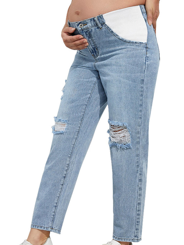 Straight Leg Comfy Stretch Low-Rise Ripped Distressed Denim Pregnancy Pants Casual Boyfriend Maternity Jeans