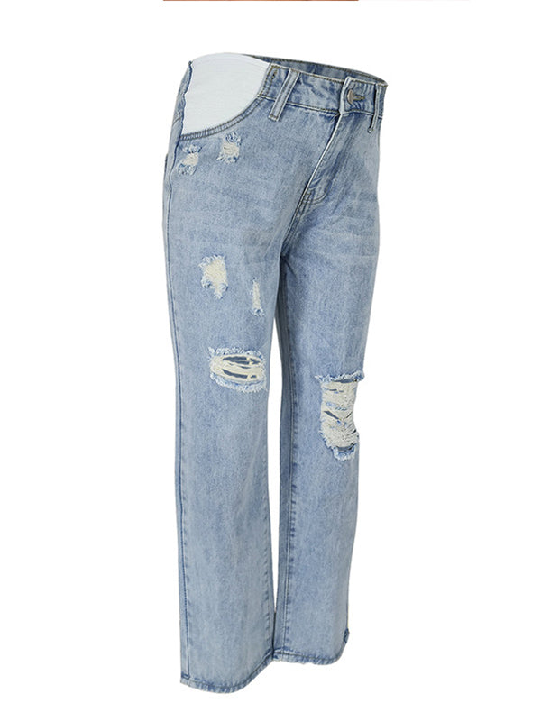 Straight Leg Comfy Stretch Low-Rise Ripped Distressed Denim Pregnancy Pants Casual Boyfriend Maternity Jeans