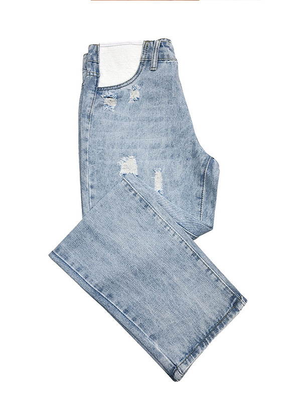 Straight Leg Comfy Stretch Low-Rise Ripped Distressed Denim Pregnancy Pants Casual Boyfriend Maternity Jeans