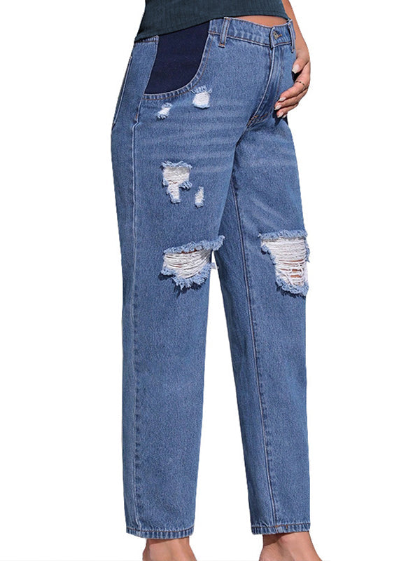 Straight Leg Comfy Stretch Low-Rise Ripped Distressed Denim Pregnancy Pants Casual Boyfriend Maternity Jeans