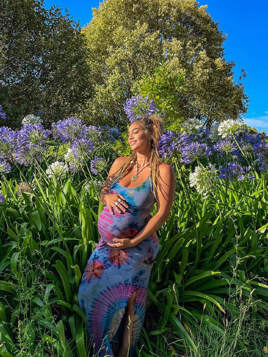 Royal blue Print Spaghetti Straps Slit Tie Back Elegant Maternity Photoshoot Baby Shower Maxi Dress