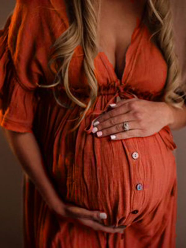 Red Drawstring Single Breasted Ruffle Tie Back Maternity Photoshoot Maxi Dress