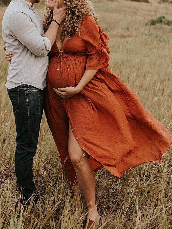 Single Breasted Drawstring Ruffle Tie Back Red Maternity Photoshoot Maxi Dress