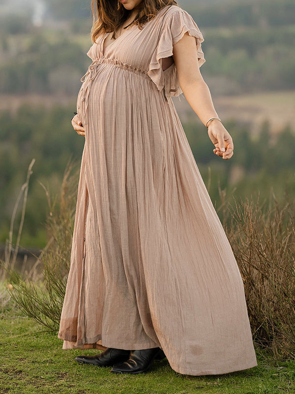 Khaki Bohemian Drawstring Single Breasted Maternity Photoshoot Baby Shower Maxi Dress