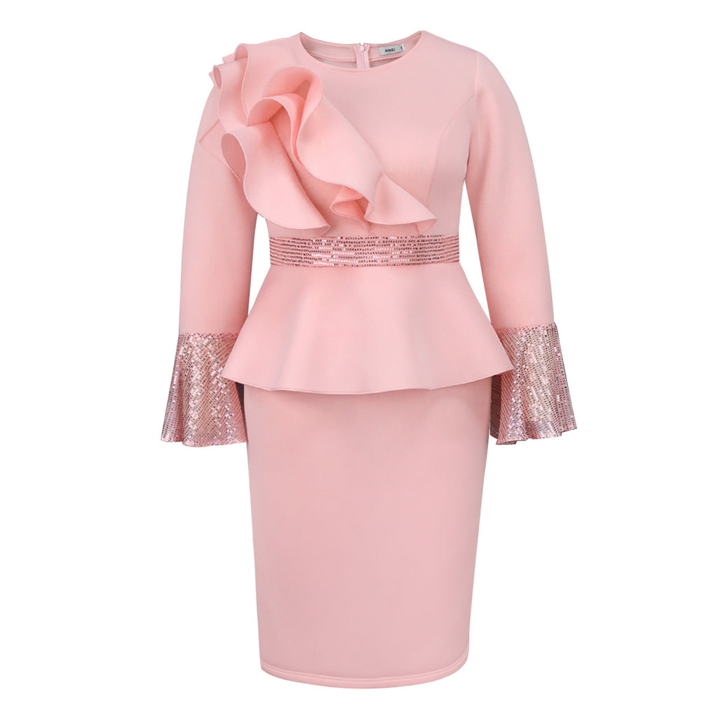 Church Dresses Ruffles Long Flare Sleeves Sequined Peplum