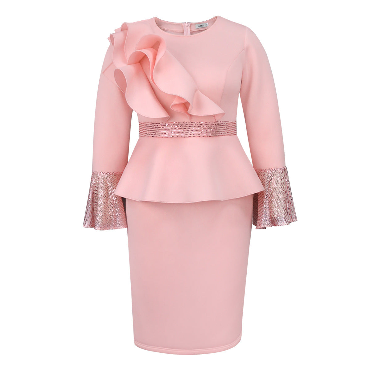 Church Dresses Ruffles Long Flare Sleeves Sequined Peplum