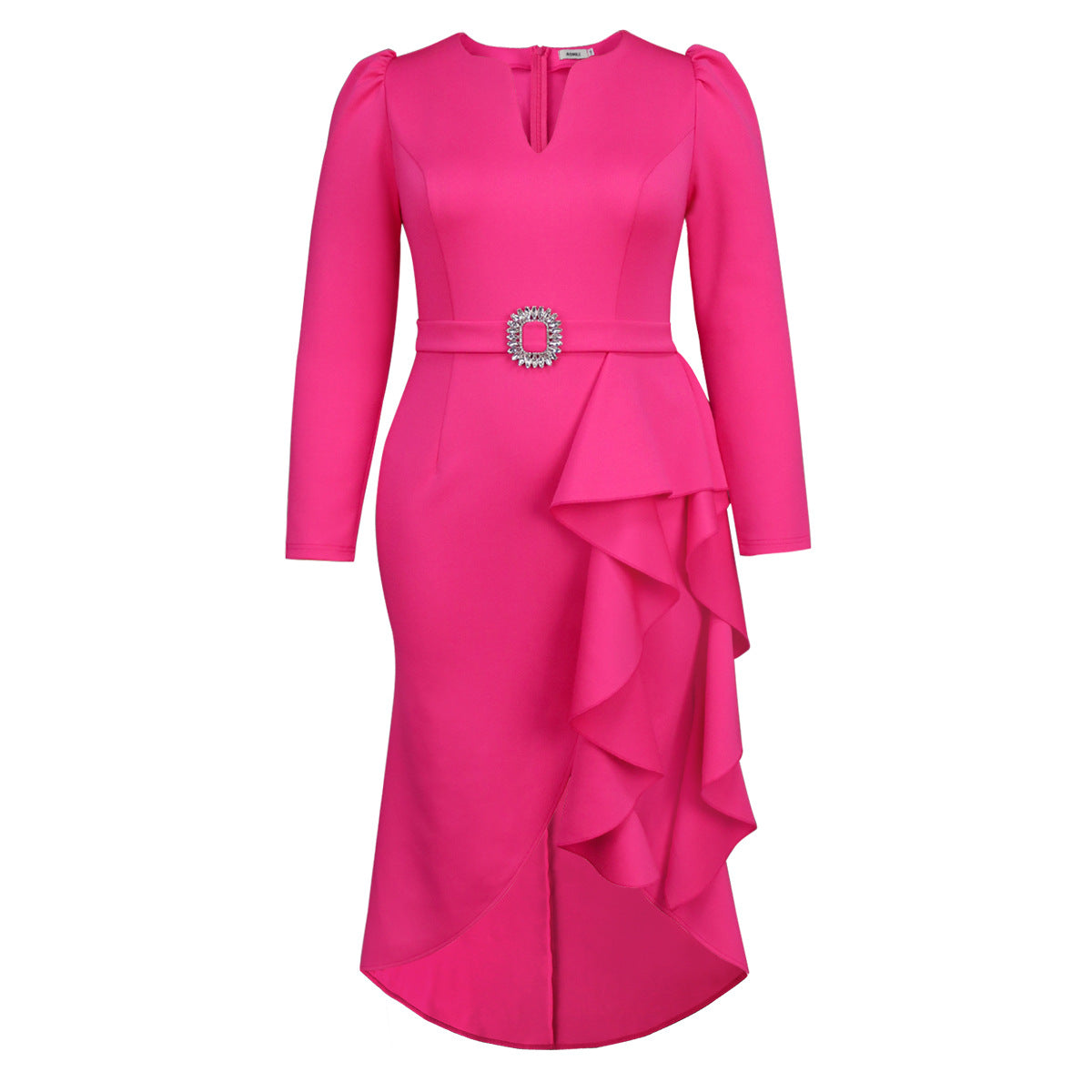 Rose Bodycon Dress V Neck Long Sleeve Ruffles Asymmetrical
