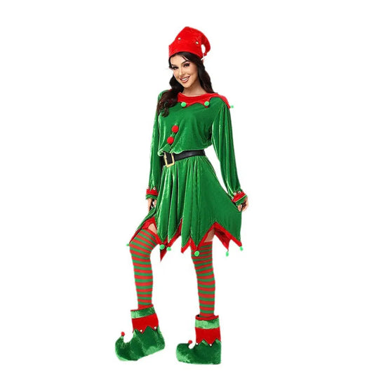 Christmas Santa Claus Costume Green Elf Cosplay Family Carnival Party Halloween Fancy Dress Clothes Set For Men Women Girls Boys