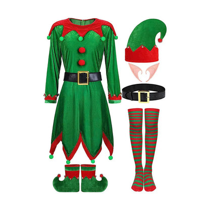 Christmas Santa Claus Costume Green Elf Cosplay Family Carnival Party Halloween Fancy Dress Clothes Set For Men Women Girls Boys