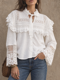 Cream Lace Trim Tie Neck Blouse