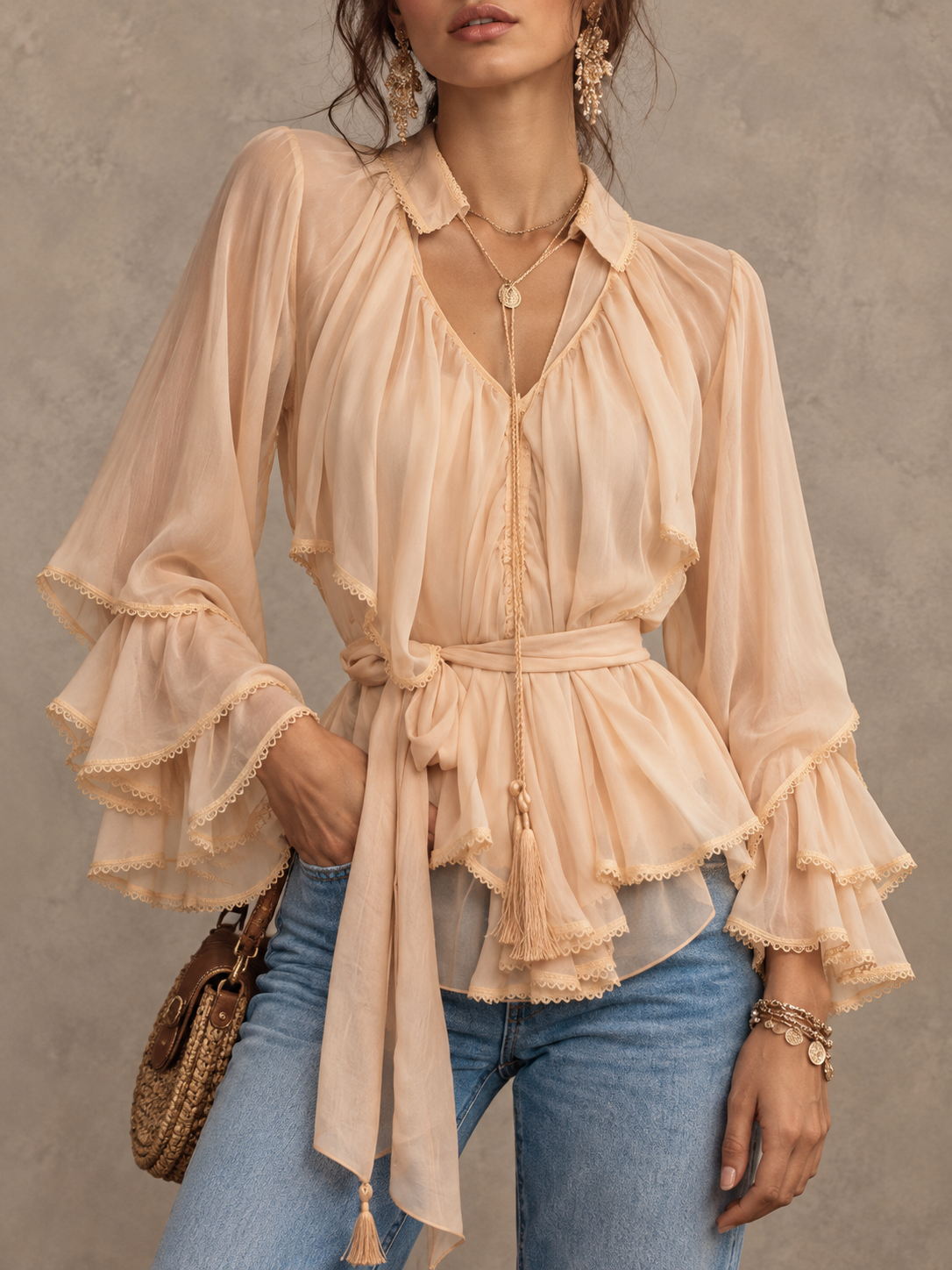 Peach Sheer Ruffle Sleeve Wrap Blouse